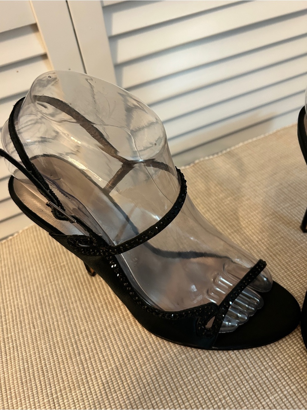 BCBGMaxAzria Black Strappy Heeled Sandals with Subtle Rhinestones